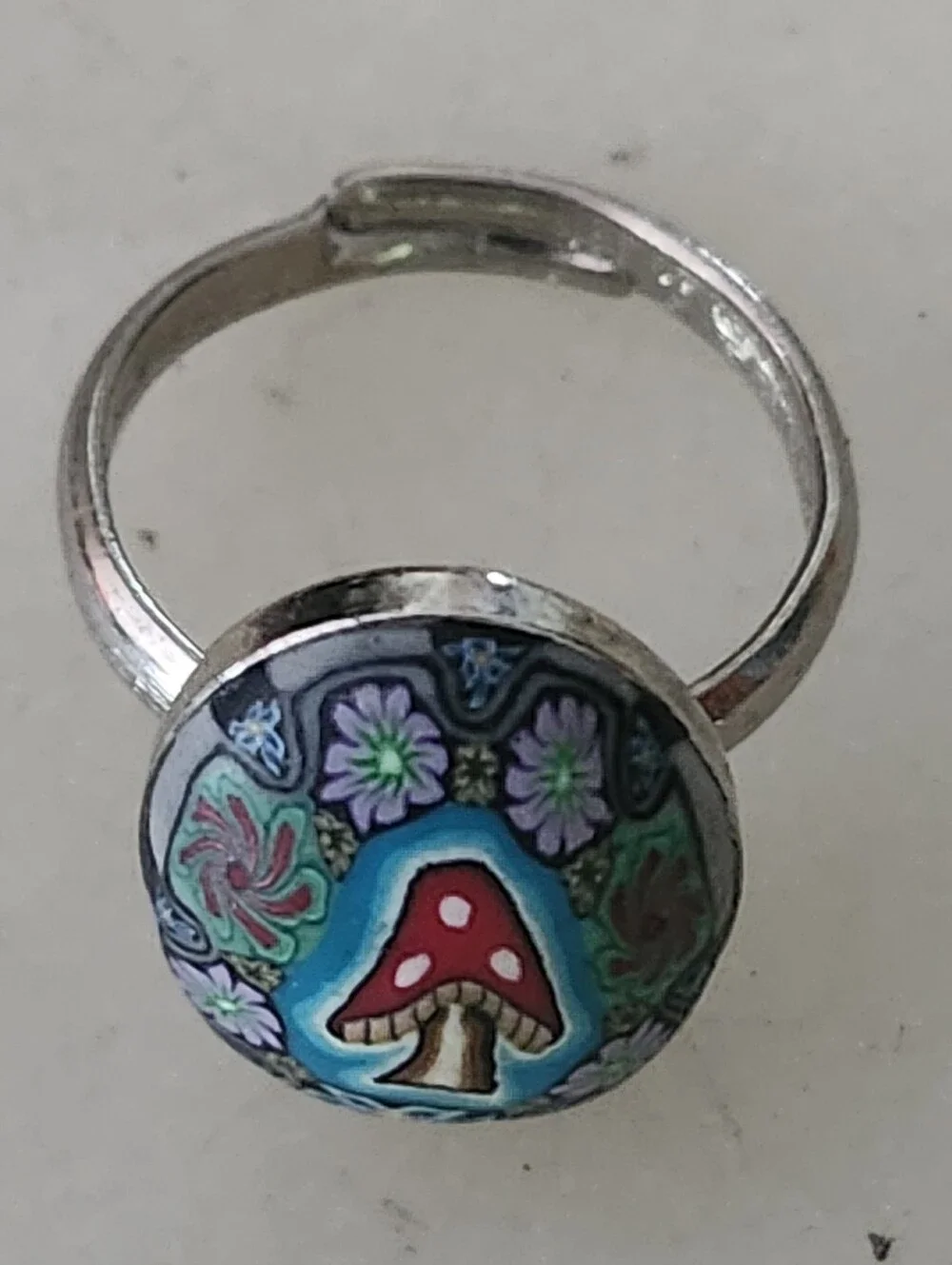 Red Mushroom Cloisonné-Style Statement Ring-adjustable
